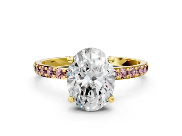 Oval Cut Diamond Solitaire Ring with Round Morganite Pavé Band and Prong Setting Yellow gold