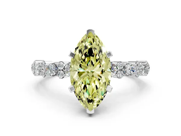 Fancy Yellow Marquise Cut Diamond Side Stone Solitaire Ring with Round and Four-Prong Setting White gold