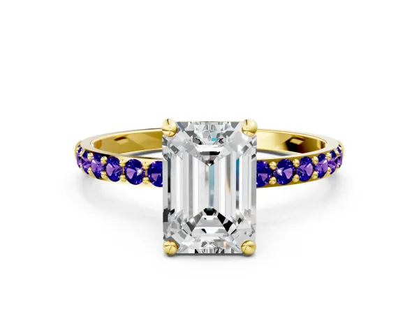 Emerald Cut Diamond Solitaire Ring with Round Tanzanite Pavé Band and Prong Setting Yellow gold