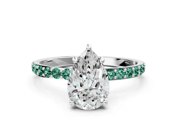 Pear Cut Diamond Solitaire Ring with Round Green Sapphire Pavé Band and Prong Setting Platinum