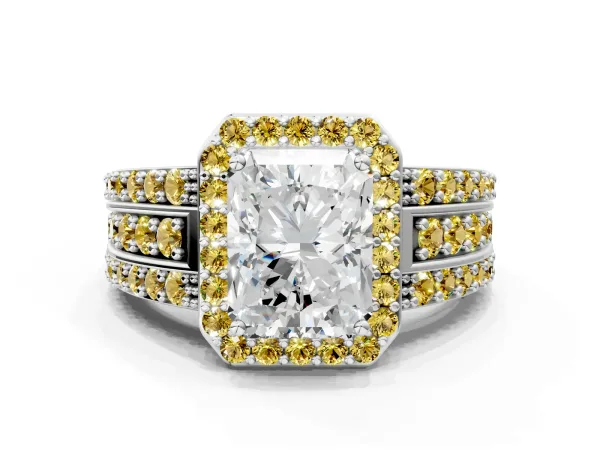 Radiant Cut Halo Diamond Ring with Round Yellow Sapphire Split Shank and Prong Setting Platinum