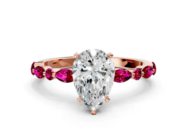 Pear Cut Diamond Ring with Marquise and Round Garnet Side Stones and Four-Prong Setting Rose gold