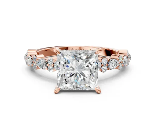 Princess Cut Diamond Side Stone Solitaire Ring with Round Moissanite and Four-Prong Setting Rose gold