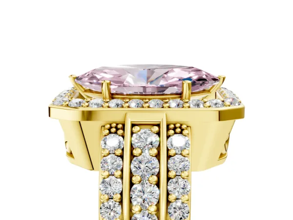 Fancy Pink Marquise Cut Halo Diamond Ring with Round Split Shank and Prong Setting Yellow gold