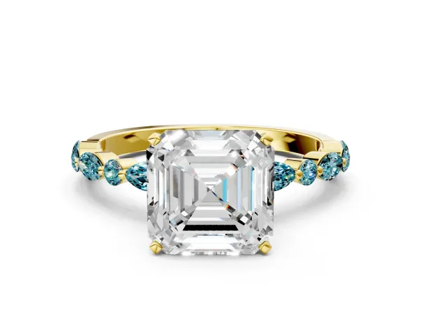 Asscher Cut Diamond Ring with Marquise and Round Blue Topaz Side Stones and Four-Prong Setting Yellow gold