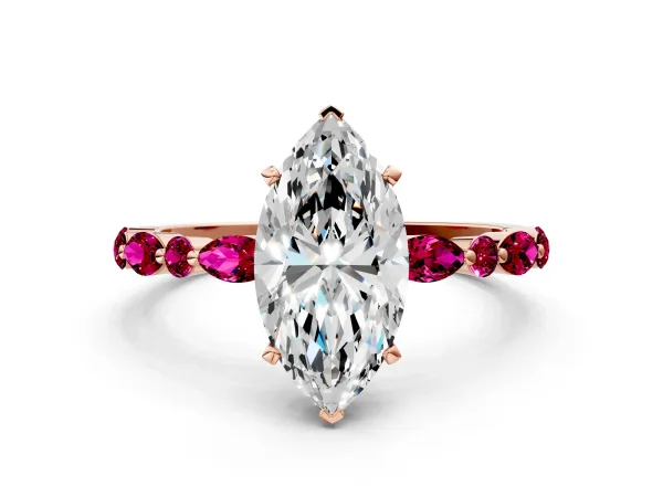 Marquise Cut Diamond Ring with Marquise and Round Garnet Side Stones and Four-Prong Setting Rose gold
