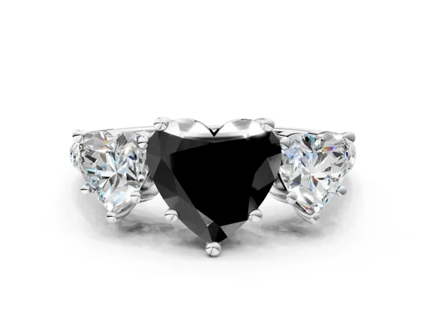 Fancy Black Three-Stone Heart Cut Diamond Ring with Round Pavé Band and Prong Setting White gold