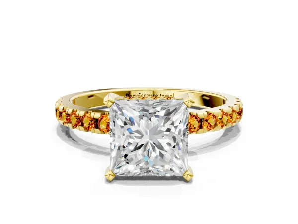 Princess Cut Diamond Solitaire Ring with Round Citrine Pavé Band and Four-Prong Setting Yellow gold