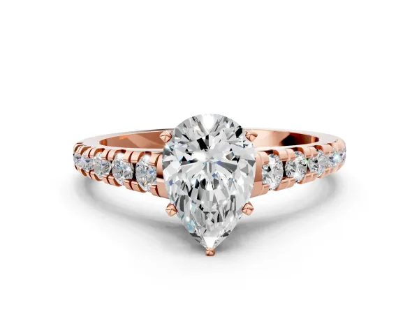 Pear Cut Diamond Cathedral Solitaire Ring with Round Pavé Band Rose gold