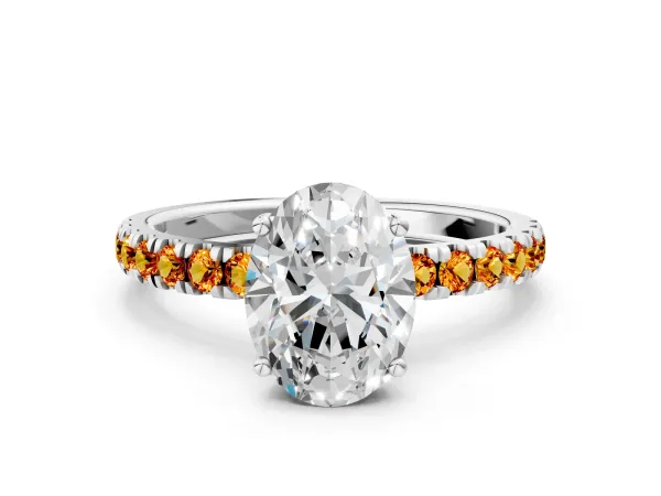 Oval Cut Diamond Pave Band Solitaire Ring with Round Citrine and Prong Setting Platinum