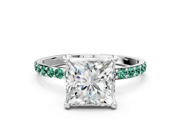 Princess Cut Diamond Solitaire Ring with Round Green Sapphire Pavé Band and Prong Setting Silver