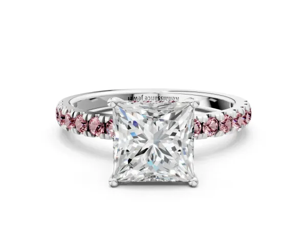 Princess Cut Diamond Pave Band Solitaire Ring with Round Morganite and Prong Setting Silver