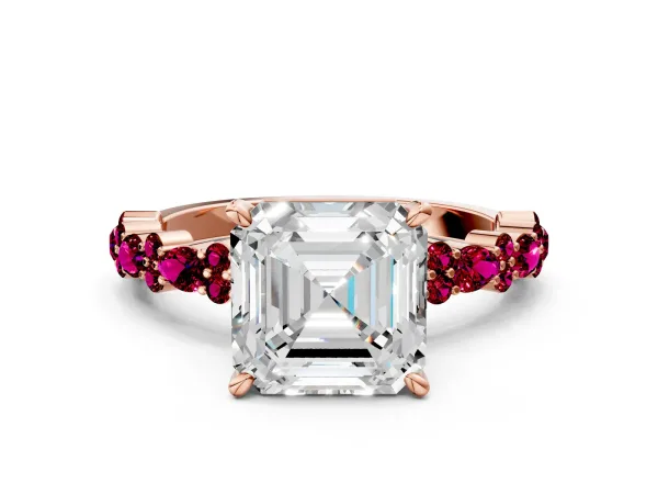 Asscher Cut Diamond Side Stone Solitaire Ring with Round Garnet and Four-Prong Setting Rose gold