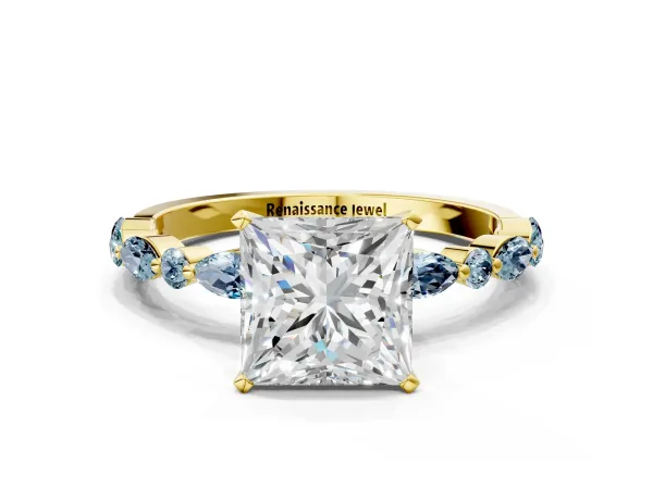 Princess Cut Diamond Ring with Marquise and Round Aquamarine Side Stones and Four-Prong Setting Yellow gold