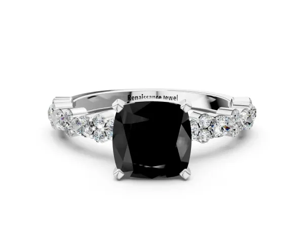 Fancy Black Cushion Cut Diamond Side Stone Solitaire Ring with Round and Four-Prong Setting Platinum