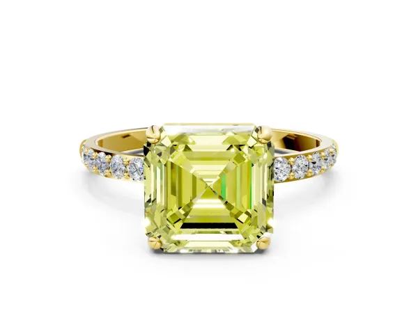 Fancy Yellow Asscher Cut Diamond Solitaire Ring with Round Pavé Band and Prong Setting Yellow gold