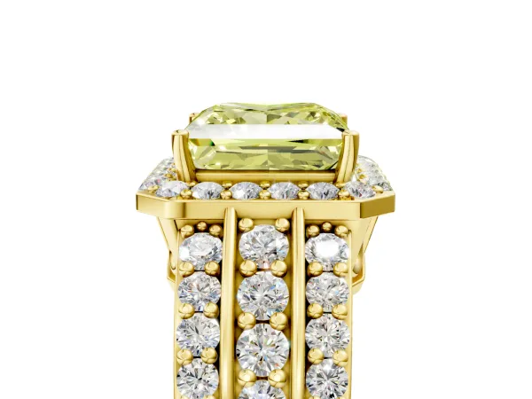 Fancy Yellow Princess Cut Halo Diamond Ring with Round Split Shank and Prong Setting Yellow gold