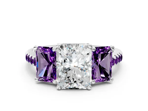 Three-Stone Radiant Cut Diamond Ring with Round Amethyst Pavé Band and Prong Setting White gold