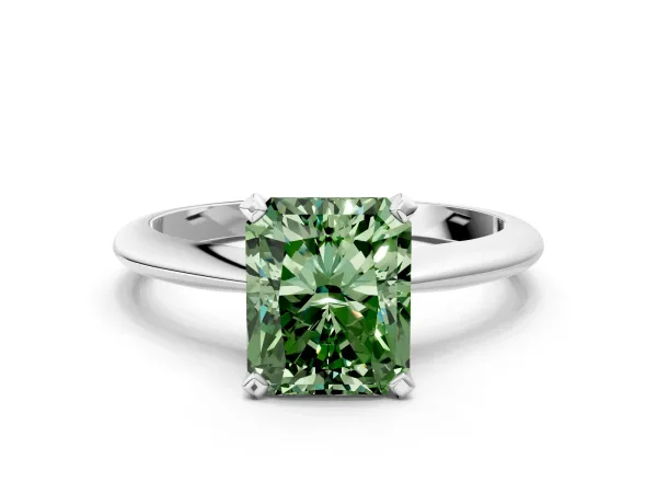Fancy Green Radiant Cut Diamond Solitaire Engagement Ring with Classic Band and Four-Prong Setting White gold