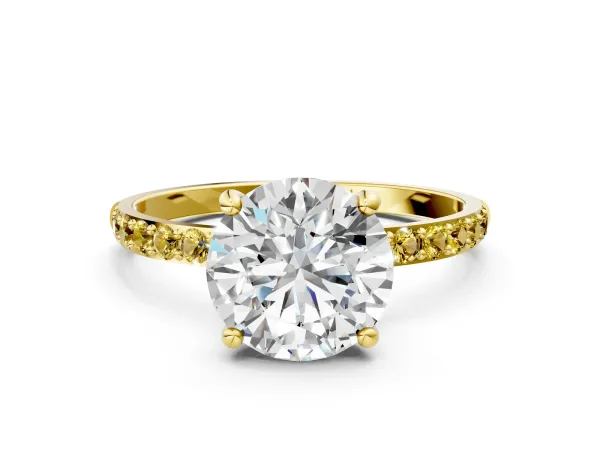 Round Cut Diamond Solitaire Ring with Round Yellow Sapphire Pavé Band and Prong Setting Yellow gold