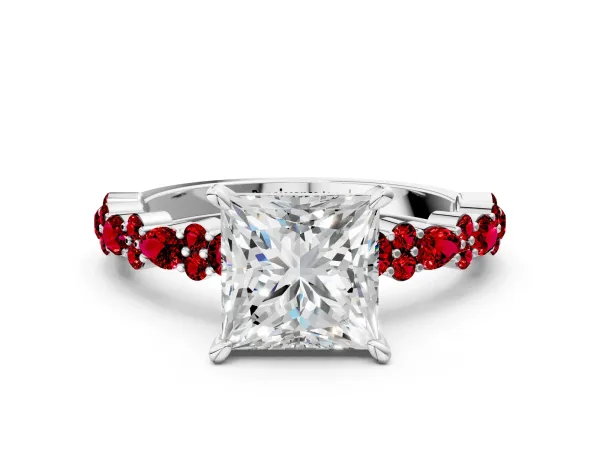 Princess Cut Diamond Side Stone Solitaire Ring with Round Ruby and Four-Prong Setting Platinum