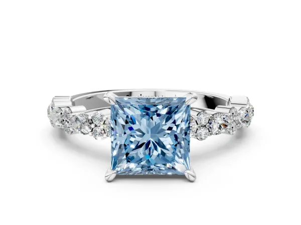 Fancy Blue Princess Cut Diamond Side Stone Solitaire Ring with Round and Four-Prong Setting Silver