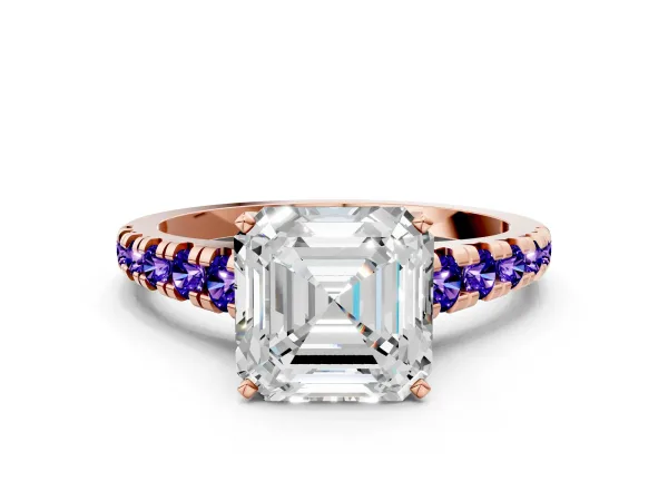 Asscher Cut Diamond Cathedral Solitaire Ring with Round Tanzanite Pavé Band Rose gold