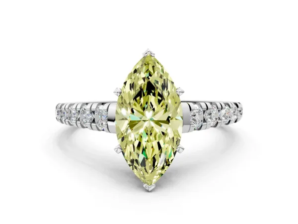 Fancy Yellow Marquise Cut Diamond Cathedral Solitaire Ring with Round Pavé Band White gold