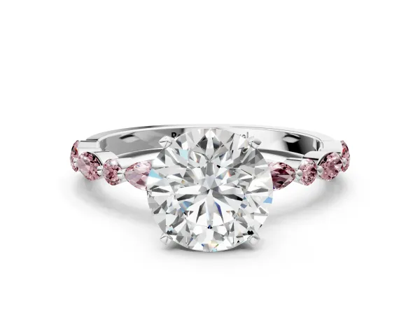 Round Cut Diamond Ring with Marquise and Round Morganite Side Stones and Four-Prong Setting White gold
