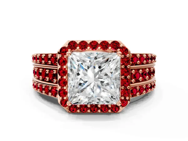 Princess Cut Halo Diamond Ring with Round Ruby Split Shank and Prong Setting Rose gold