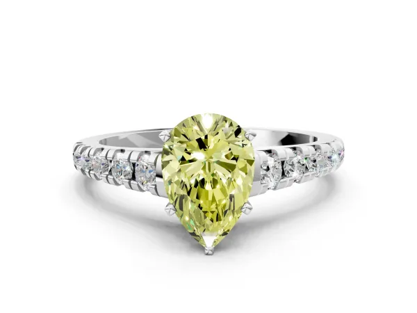 Fancy Yellow Pear Cut Diamond Cathedral Solitaire Ring with Round Pavé Band White gold