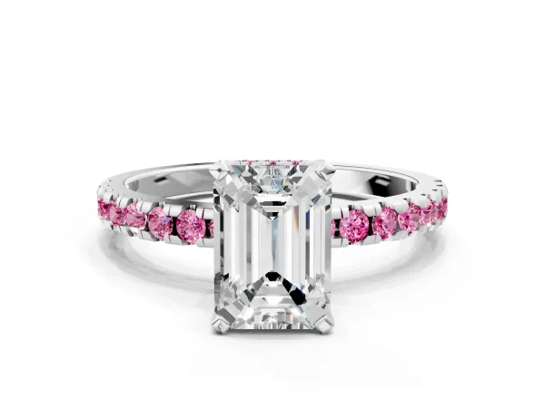 Emerald Cut Diamond Solitaire Ring with Round Pink Sapphire Pavé Band and Four-Prong Setting White gold