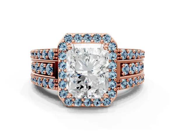 Radiant Cut Halo Diamond Ring with Round Aquamarine Split Shank and Prong Setting Rose gold
