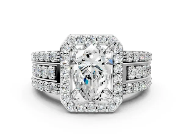 Pear Cut Halo Diamond Ring with Round Moissanite Split Shank and Prong Setting Silver
