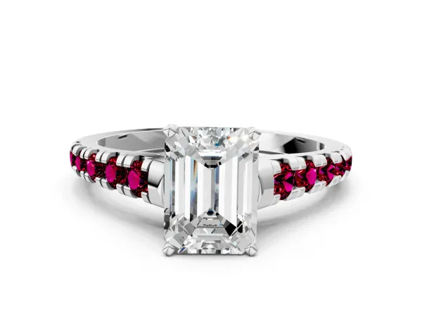 Emerald Cut Diamond Cathedral Solitaire Ring with Round Garnet Pavé Band White gold