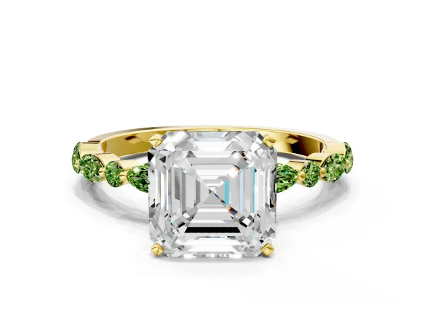 Asscher Cut Diamond Ring with Marquise and Round Peridot Side Stones and Four-Prong Setting Yellow gold