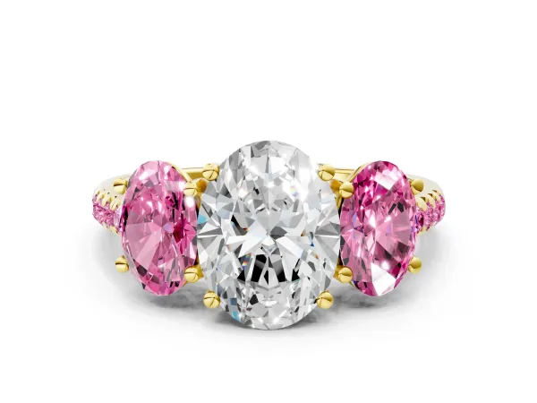 Three-Stone Oval Cut Diamond Ring with Round Pink Sapphire Pavé Band and Prong Setting Yellow gold