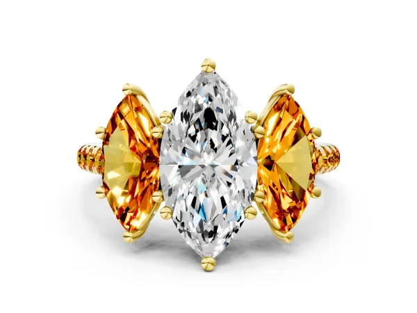 Three-Stone Marquise Cut Diamond Ring with Round Citrine Pavé Band and Prong Setting Yellow gold