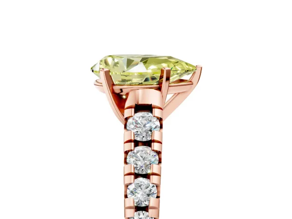 Fancy Yellow Pear Cut Diamond Cathedral Solitaire Ring with Round Pavé Band Rose gold