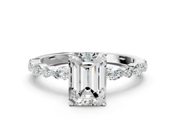 Emerald Cut Diamond Ring with Marquise and Round Moissanite Side Stones and Four-Prong Setting White gold