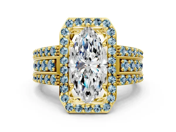Marquise Cut Halo Diamond Ring with Round Aquamarine Split Shank and Prong Setting Yellow gold