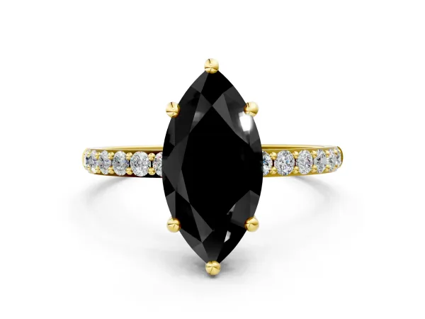 Fancy Black Marquise Cut Diamond Solitaire Ring with Round Pavé Band and Prong Setting Yellow gold