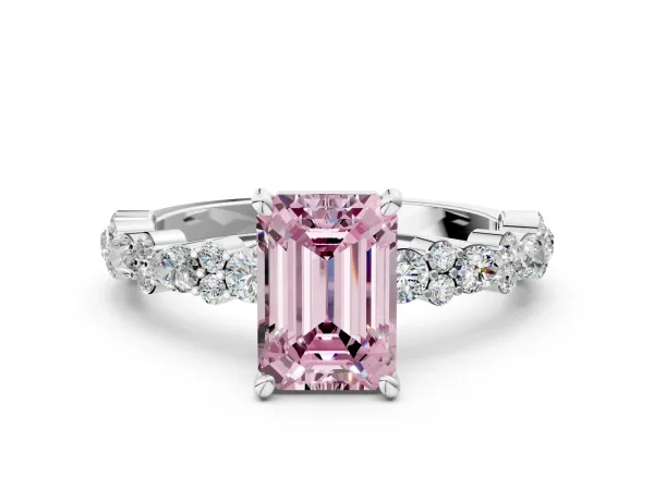 Fancy Pink Emerald Cut Diamond Side Stone Solitaire Ring with Round and Four-Prong Setting White gold