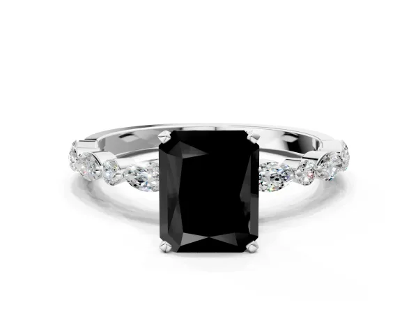 Fancy Black Radiant Cut Diamond Ring with Marquise and Round Side Stones and Four-Prong Setting Platinum