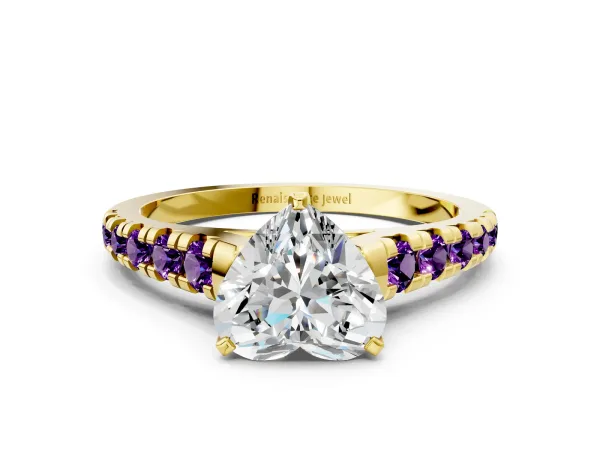 Heart Cut Diamond Cathedral Solitaire Ring with Round Amethyst Pavé Band Yellow gold