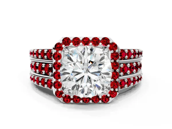 Round Cut Halo Diamond Ring with Round Ruby Split Shank and Prong Setting Platinum