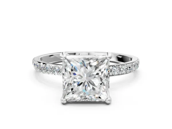 Princess Cut Diamond Solitaire Ring with Round Pavé Band and Prong Setting Platinum