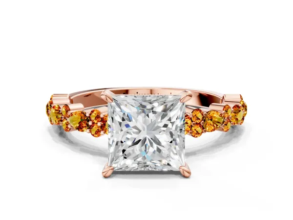Princess Cut Diamond Side Stone Solitaire Ring with Round Citrine and Four-Prong Setting Rose gold