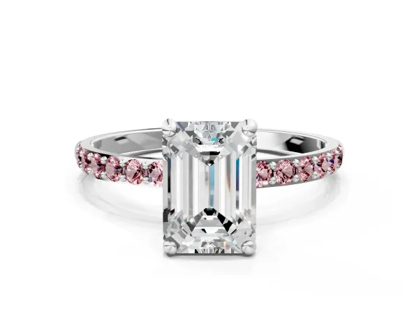 Emerald Cut Diamond Solitaire Ring with Round Morganite Pavé Band and Prong Setting Platinum