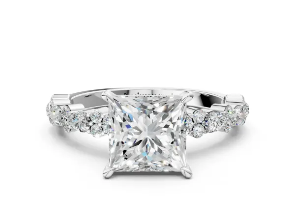 Princess Cut Diamond Side Stone Solitaire Ring with Round Moissanite and Four-Prong Setting Platinum